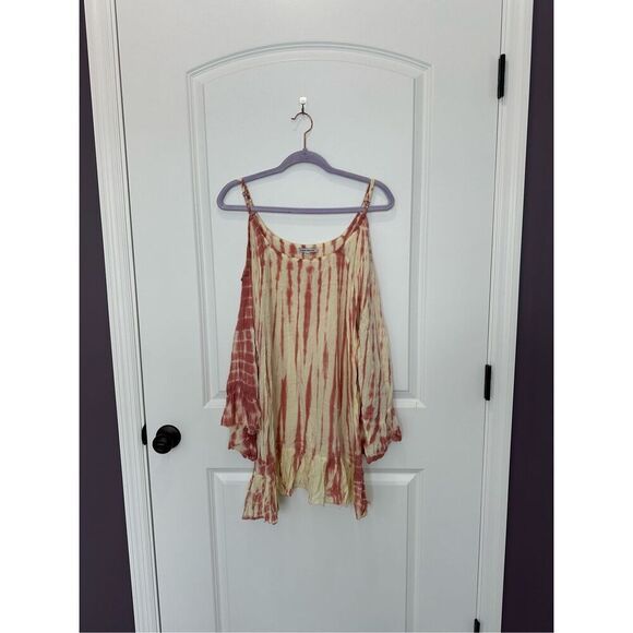 Tiare hawaii Yellow and Pink Tie Dye Ruffle Cold Shoulder Top Size S/M - Picture 1 of 8